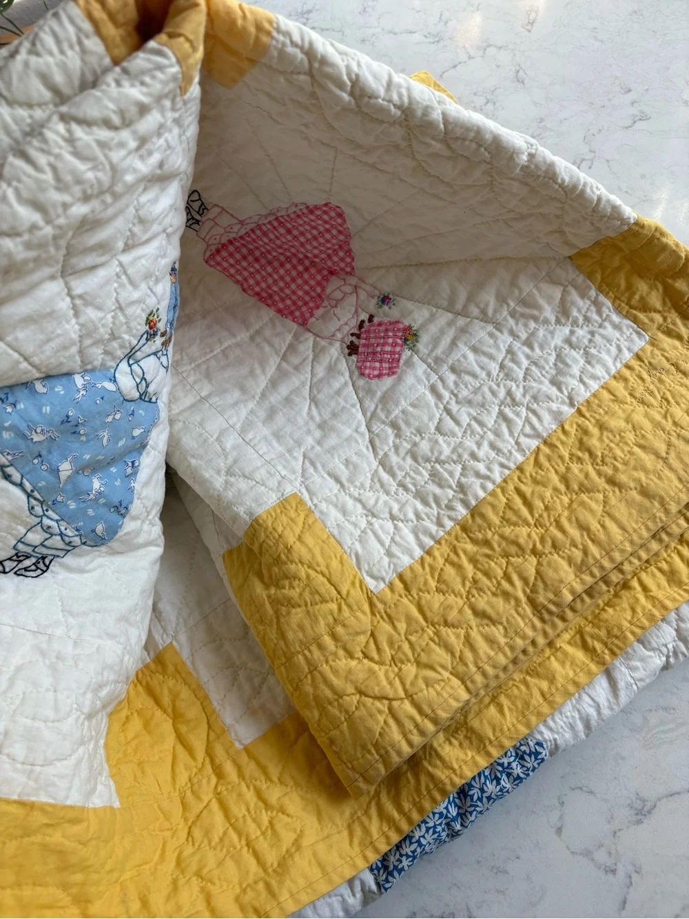 Vintage Handmade 1950s Patchwork Doll Quilt in Cream and Yellow Organic Cotton